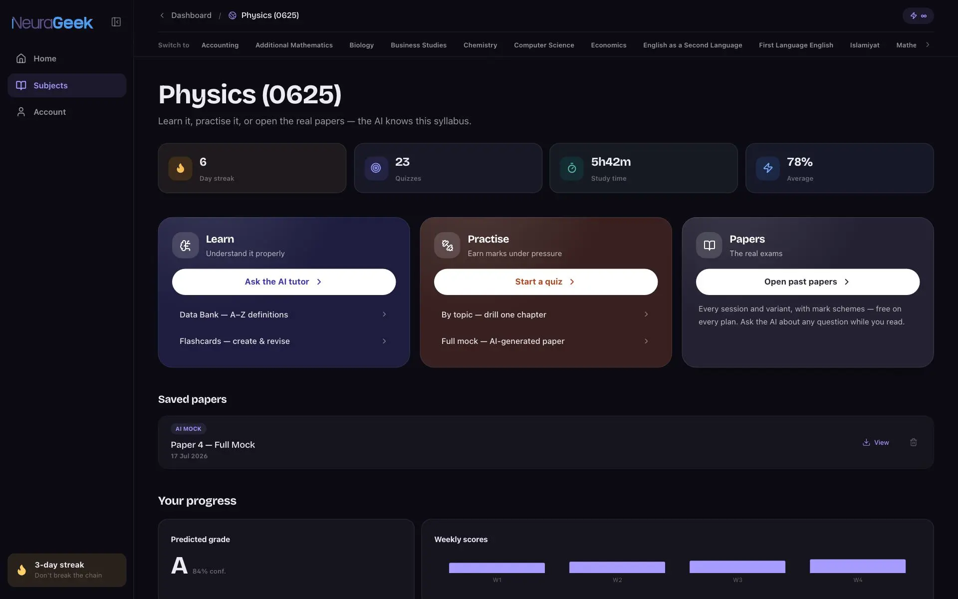A NeuraGeek subject page: learn with the AI tutor, practise with quizzes and mocks, open real past papers